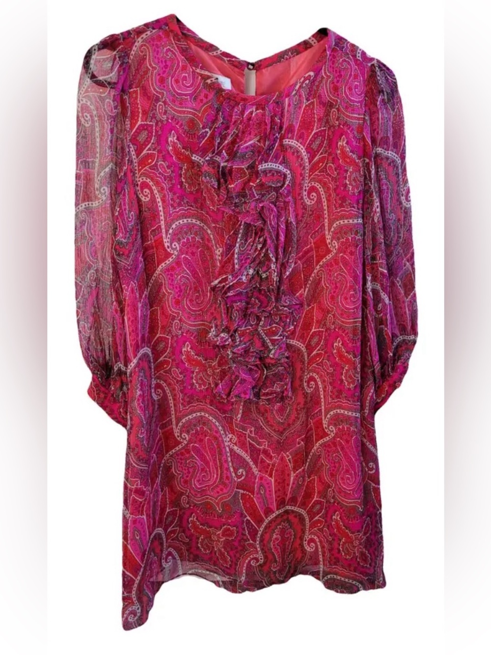 NWOT Tibi Pink Pasley Print Retro Long Sleeve 100% Silk Mini Dress Size 2